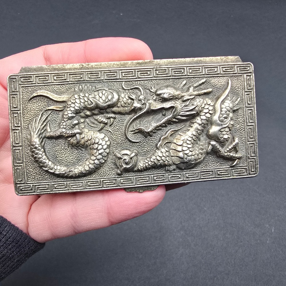 Vintage Japan Dragon Repousse Metal Trinket Stamp Box Gold Tone Footed Jewelry